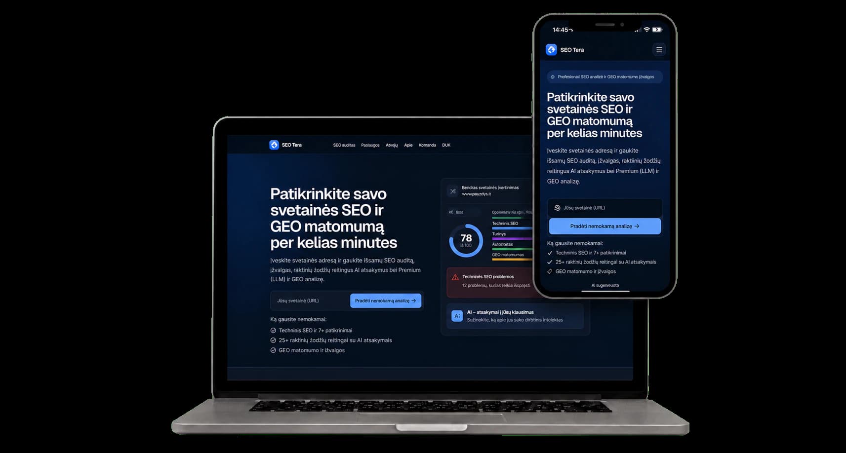 SEO Tera svetainės SEO ir GEO matomumo audito platforma