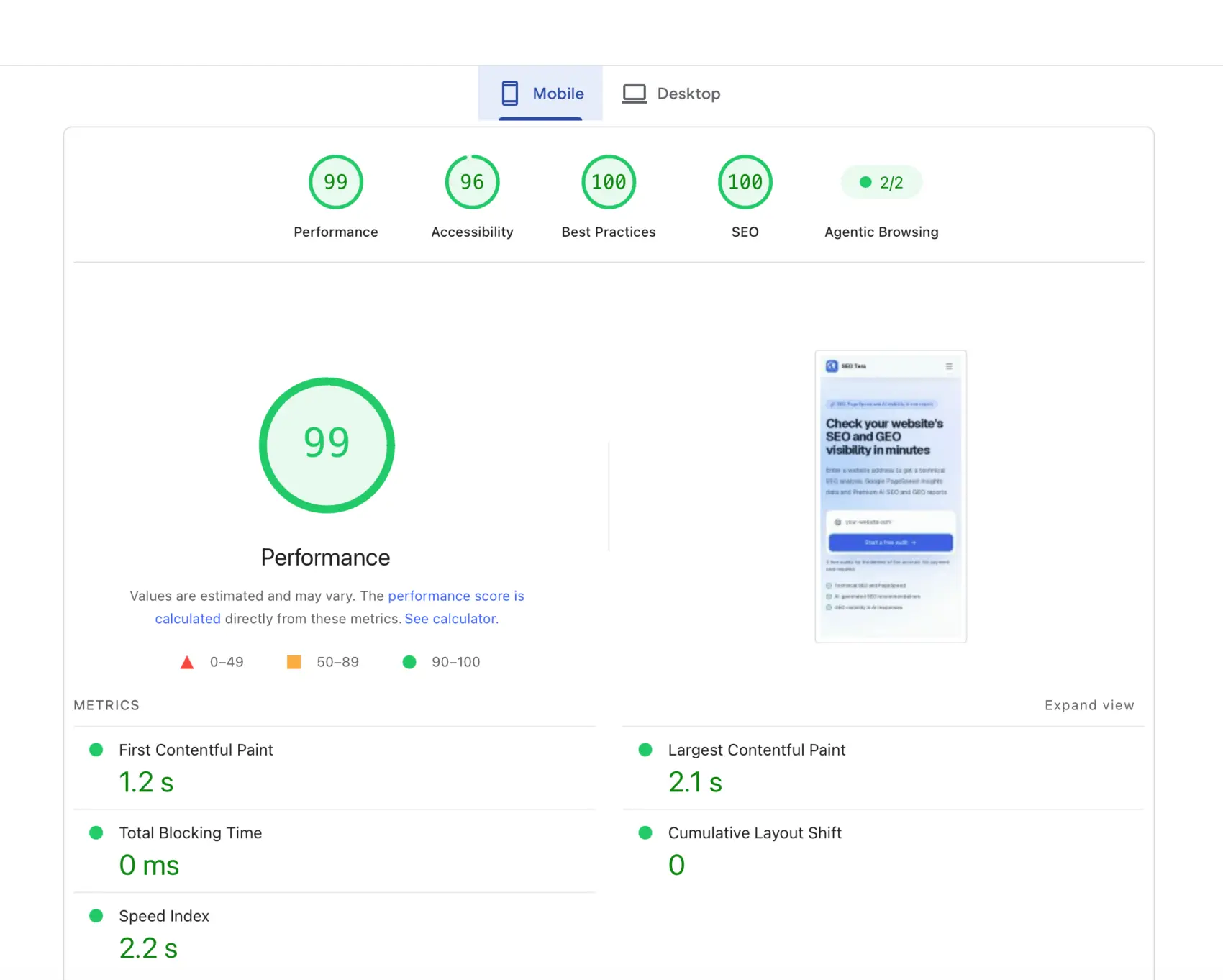 SEO Tera SaaS Google PageSpeed greičio ataskaita